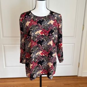 Trina Turk silk print blouse shades of camel black, gray, wine and neon pink
